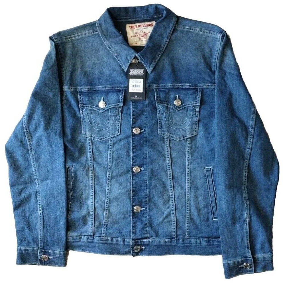 True Religion Trucker Jacket Men XL Denim Medium Flake Blue $159 Long‎ Sleeves